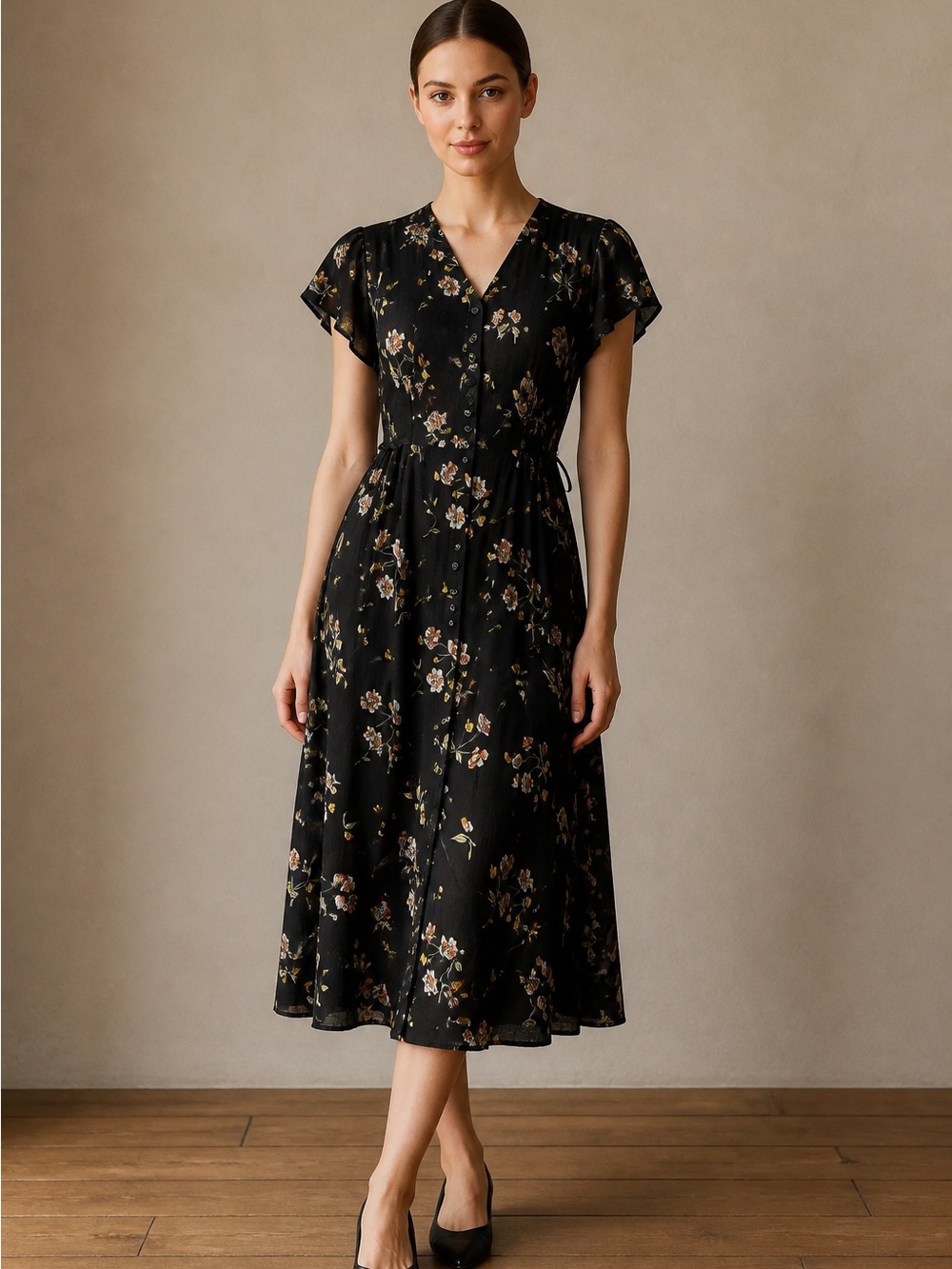 Basic Editions Vintage Floral Midi Dress Black Rayon Button Front Size 7/8